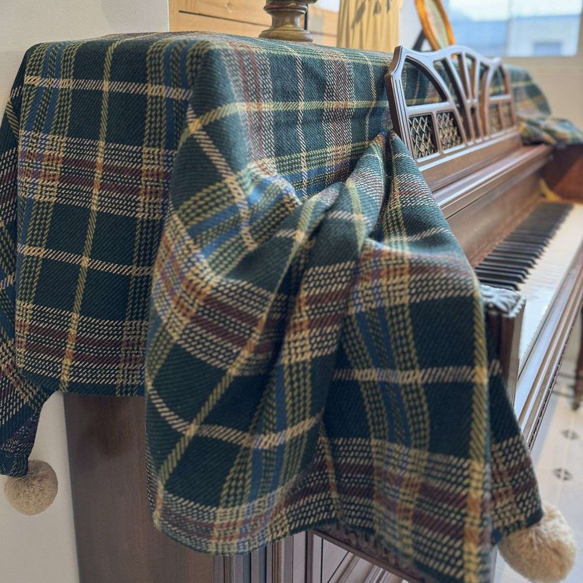 麦瑟夫人美式复古英伦格子钢琴盖巾防尘巾桌布加厚含羊毛有质感