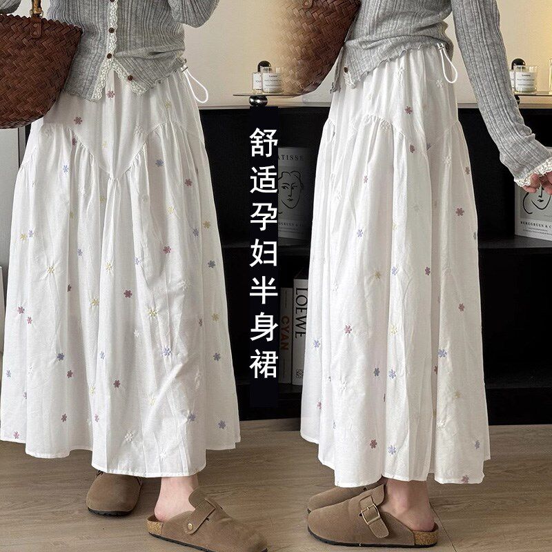 速发孕妇半身裙期薄款2025新款孕夏白色碎花字绣无托腹a刺裙外穿