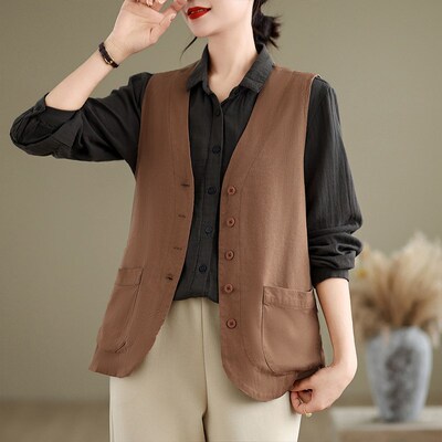 速发时款休闲薄尚棉麻马坎秋通勤气质宽松V领叠穿无袖甲肩亚麻上