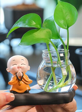速发慧圆小和尚树脂绿植水培摆件办公室氛围布置桌面迷你小花瓶装