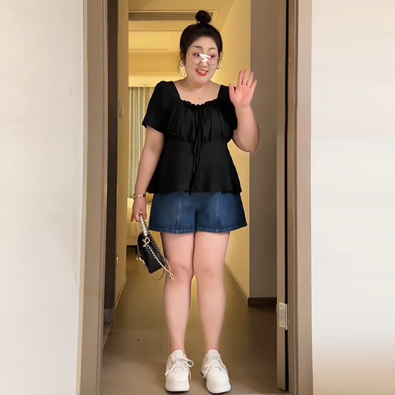 速发大码荷叶边方领小衫夏松微短款上肚子宽季a字遮衣