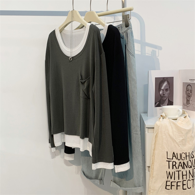 速发撞色假两件塌肩打底衫玫红色宽松舞蹈服练功服集训服上衣瑜伽
