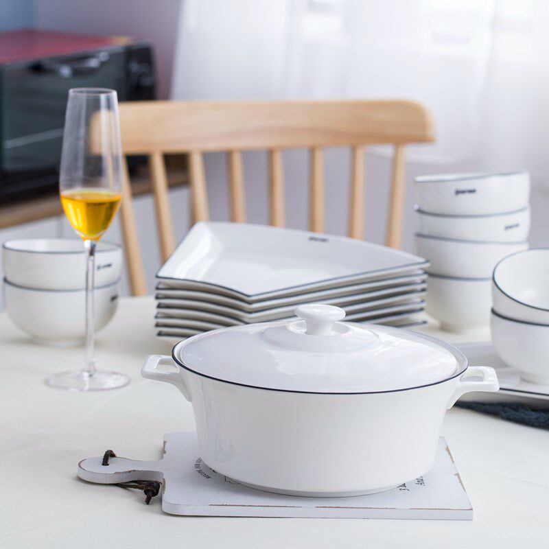 速发黑线纯白碗碟套装盘装套子拼盘组合家用创意陶瓷团圆餐具碗盘