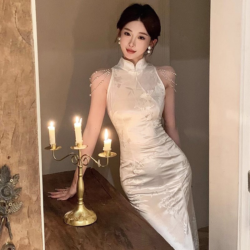 速发白质旗袍晚礼服高端轻连小众小洋装聚会气色中国风中长款奢衣