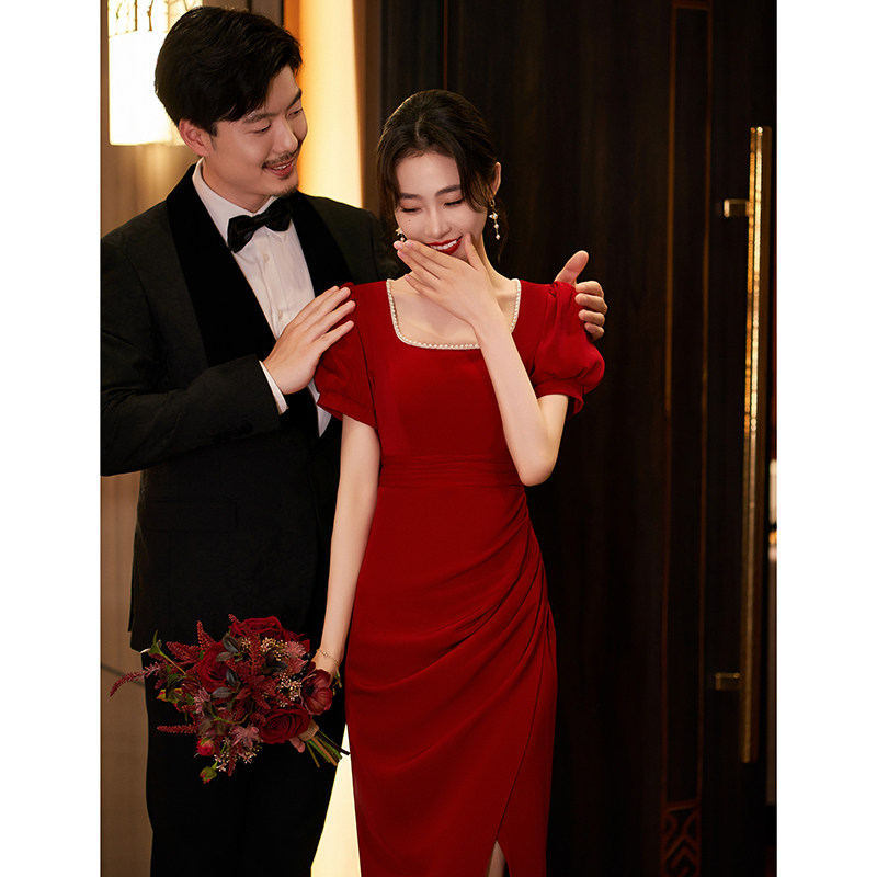 速发敬酒服新娘酒面色日常可穿订子礼服缎红开叉气质红裙婚回门连