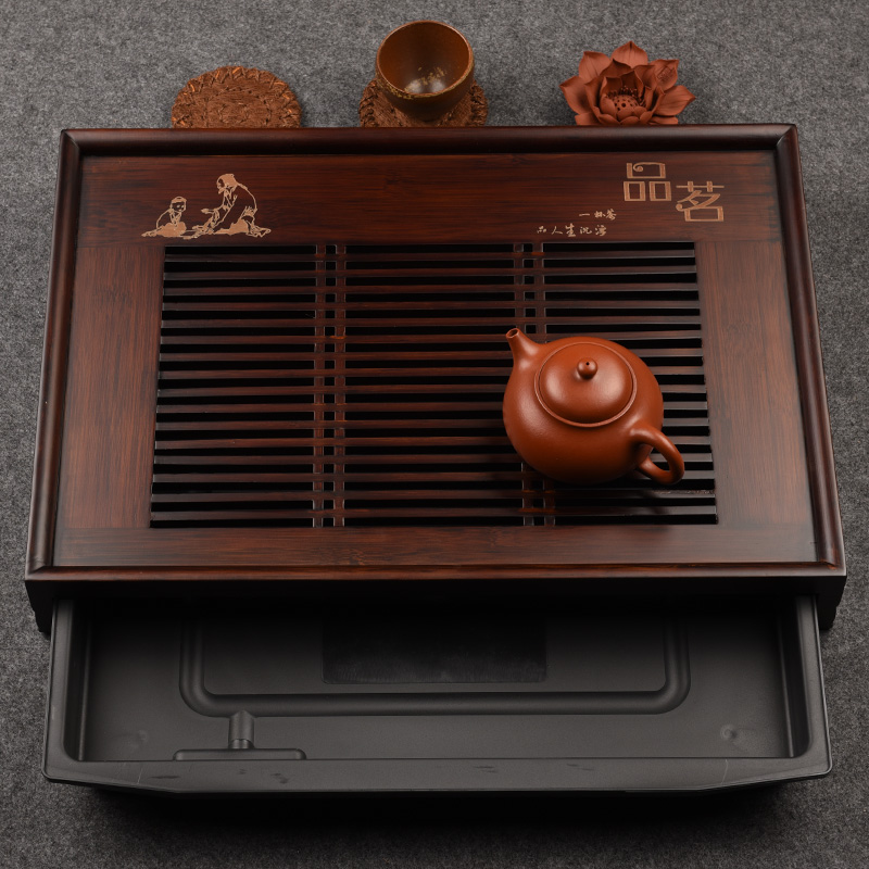 速发竹制茶盘新中式小型家用茶托盘功夫茶具简约储水式茶台复古风