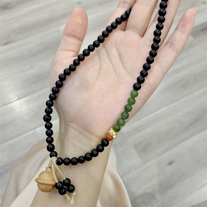 速发黑檀木搭配碧玉南红款两圈款手链 可爱的桃木小铃铛坠子