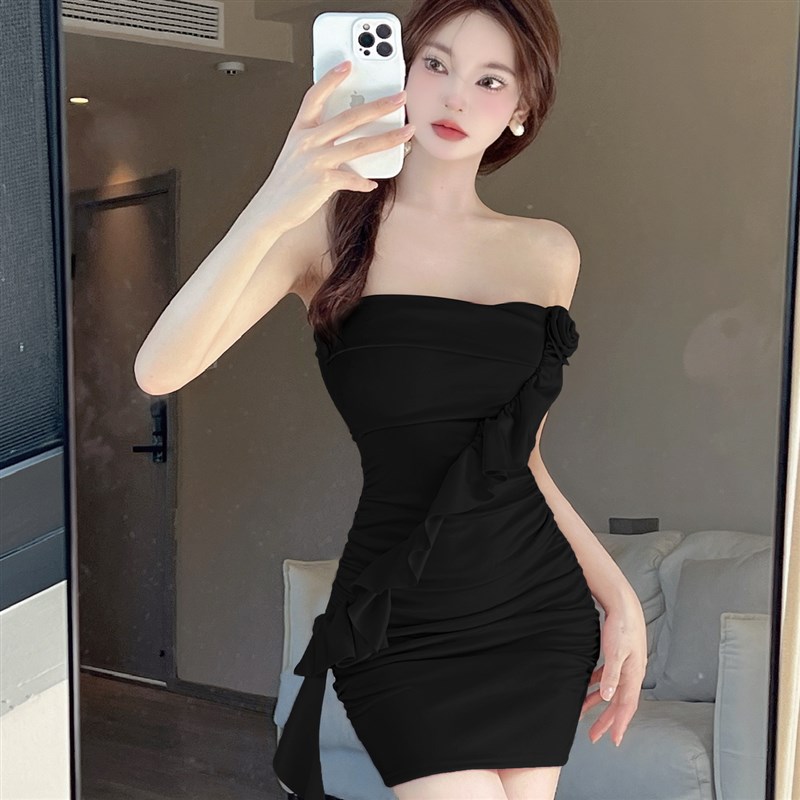 速发褶皱一字肩连衣裙夏纯欲辣妹露臀裙蓝色飘带花朵抹胸短裙子