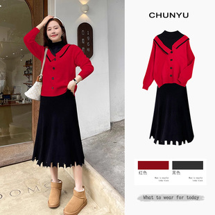 速发大码春20套4年新款一整套御姐件质名媛法式毛衣连衣裙两气2装