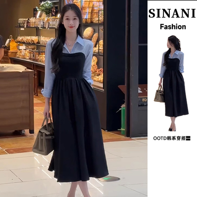 速发装两件连衣裙子春2024春假新装款法式高级感黑色长裙