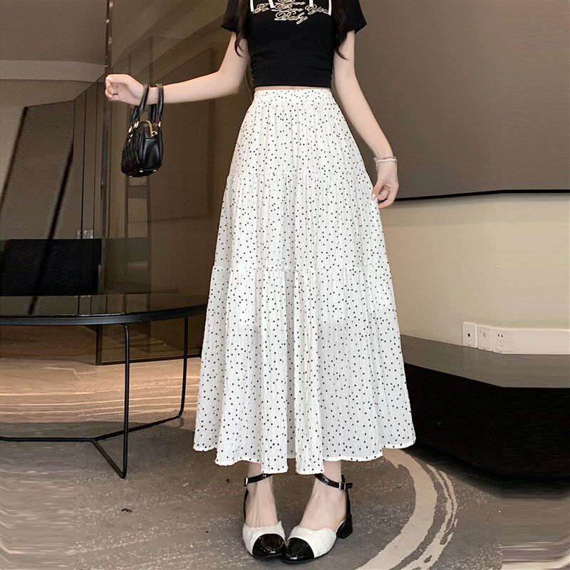速发白色波点半身裙新季夏款高腰垂坠半褶皱大摆感裙a字长裙子