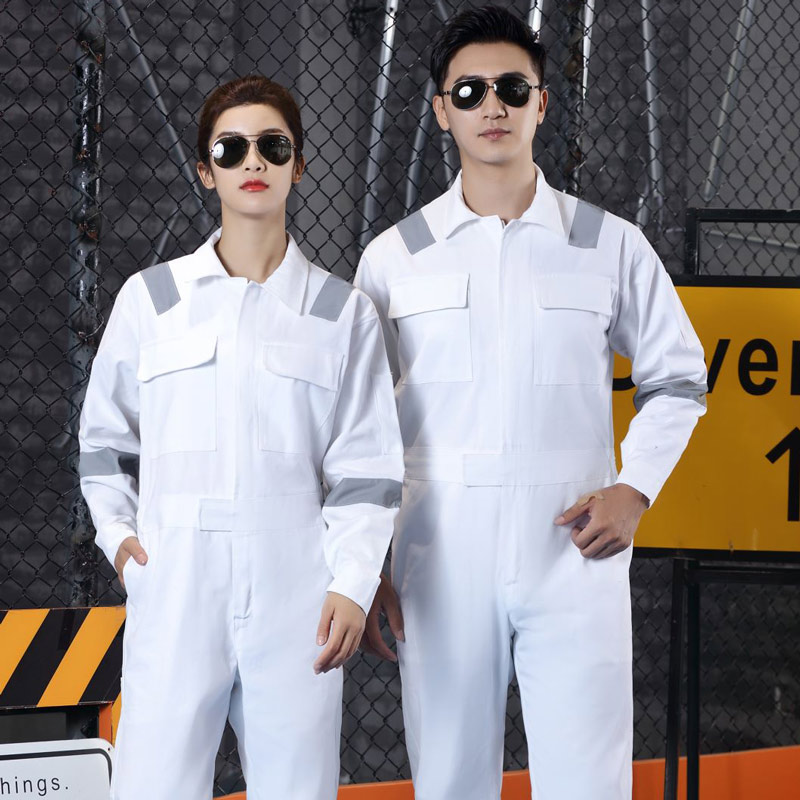 速发纯棉长男工体工作服套装袖连体连装汽修船员工人反光条劳保服