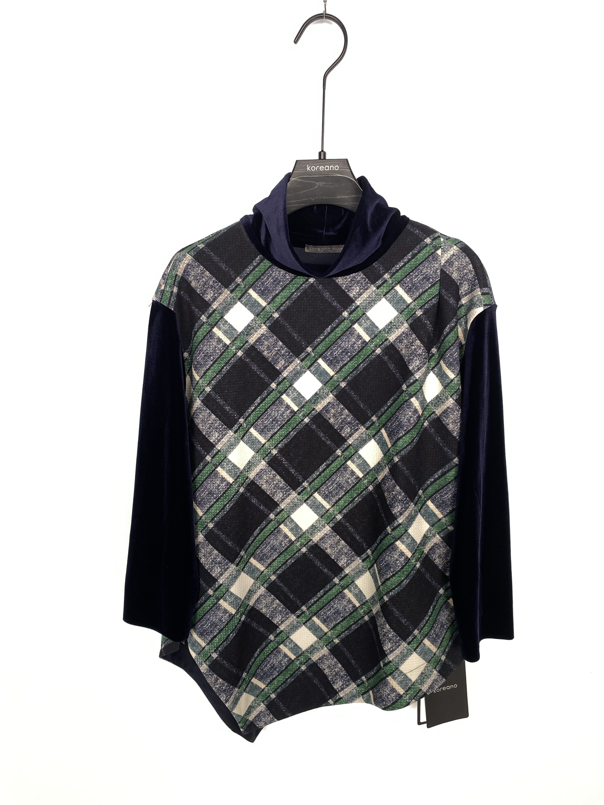 柯利亚诺春秋专柜同款蓝绿格纹H型拼接中长款T恤  TT4455(7UN)