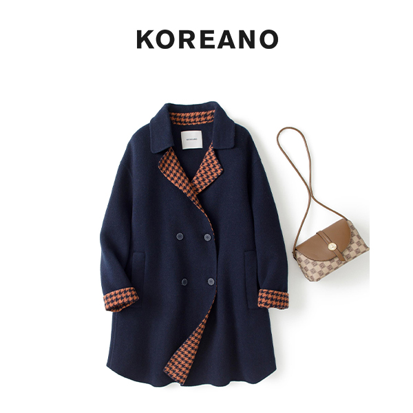 柯利亚诺冬季专柜同款藏蓝色A型双面呢千鸟格拼接大衣  FY7207