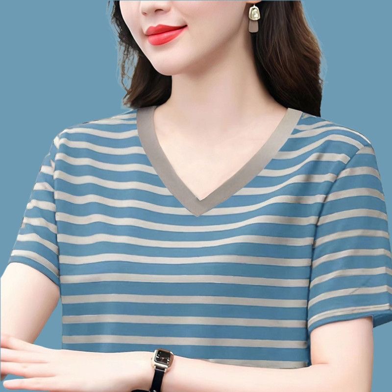 纯棉条纹短袖t恤女夏季新款妈妈气质上衣大码宽松薄款休闲半袖衫
