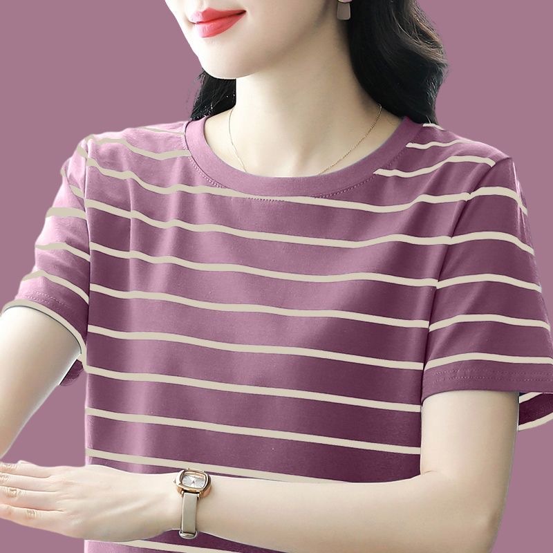 夏季新款纯棉条纹短袖t恤大码女装中年妈妈洋气时尚百搭体恤上衣