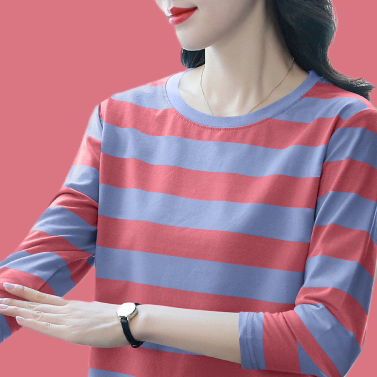 条纹长袖t恤女士2025春秋新款妈妈装气质减龄上衣薄款外穿打底衫