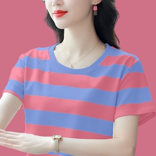 洋气妈妈百搭宽松半袖 大码 夏装 纯棉条纹短袖 上衣 t恤女士2025新款