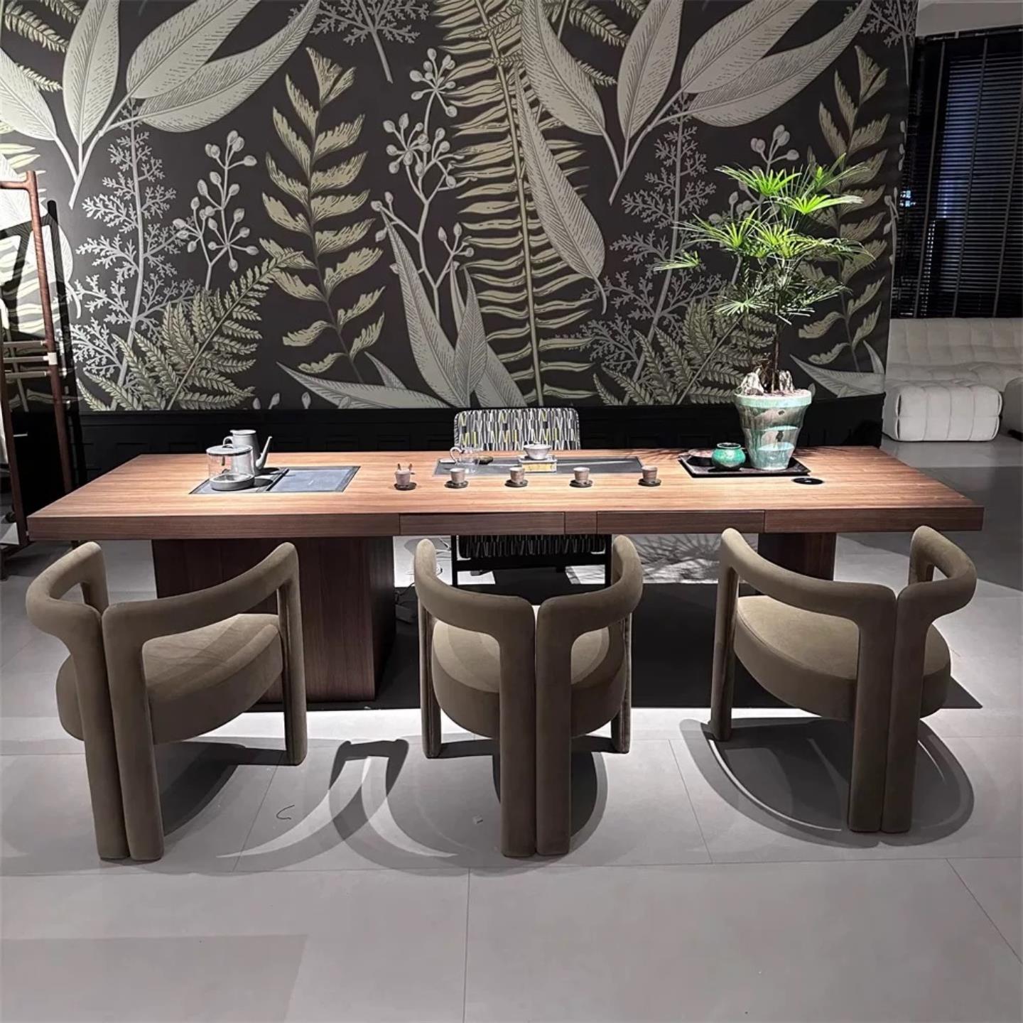 新中式实木茶桌椅组合办公室茶几北美黑胡桃木无界功夫茶泡茶台