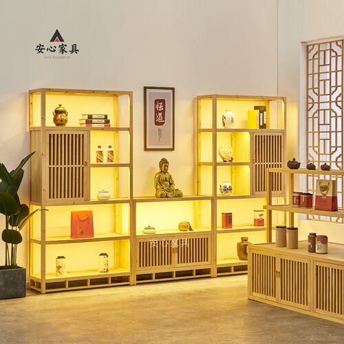 新中式松木博g古架茶叶展示柜实木货架多宝阁隔断茶架子置物架带