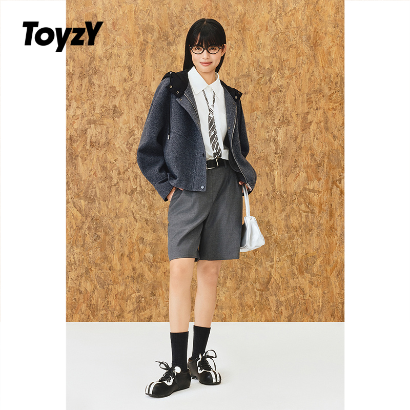ToyzY拼接羽绒帽子羊毛短外套女2025冬季新款ZC35510170