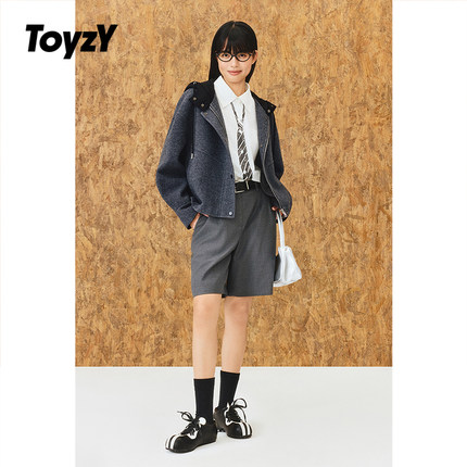 ToyzY拼接羽绒帽子羊毛短外套女2025冬季新款ZC35510170
