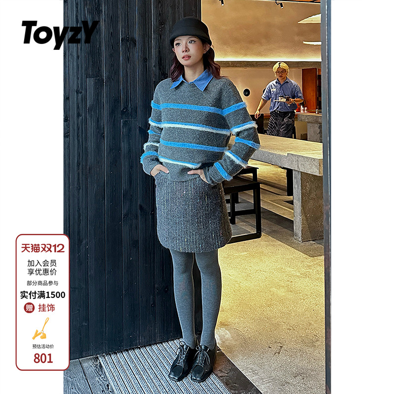ToyzY【鞠婧祎同款】撞色仿貂绒条纹毛衣女2025秋新款ZC35306240