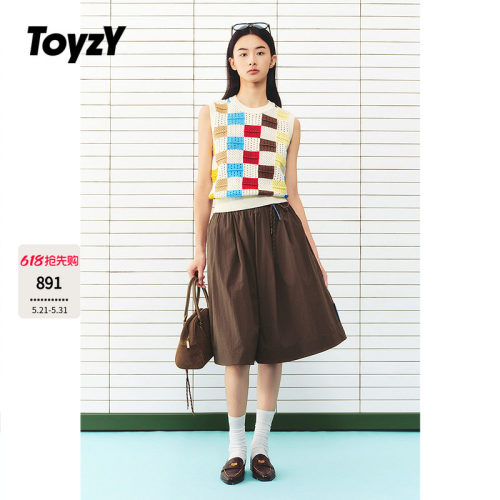ToyzY2026夏季新款复古咖啡色抽绳松紧腰休闲裤中短裤ZC36220140