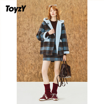 ToyzY撞色格纹羊毛颗粒绒连帽大衣外套女2025冬季新款ZC35510410