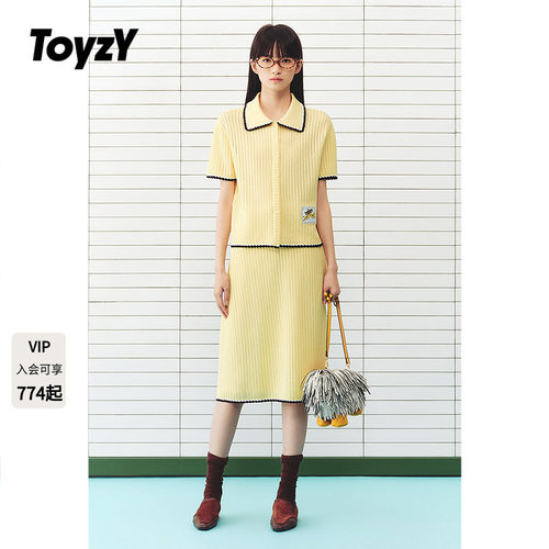 ToyzY多巴胺钩针翻领短袖针织开衫女/直筒半身裙度假风