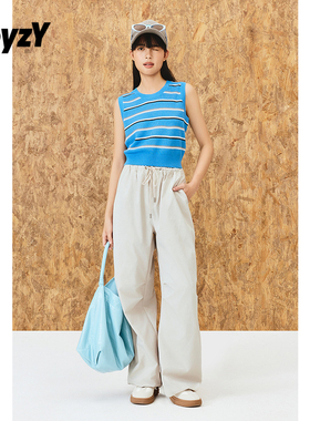 ToyzY2025秋新款蓝色条纹天丝圆领针织背心女短款ZC35306570