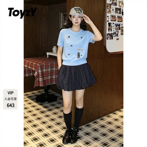 ToyzY2026夏季新款趣味刺绣短袖镂空针织衫女上衣ZC36206730