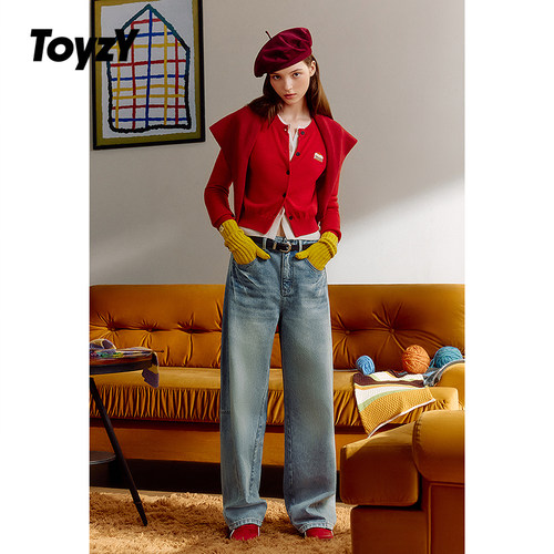 ToyzY红色针织开衫女短款绵羊毛可爱刺绣2025冬新品ZC35506040