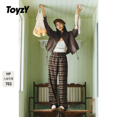 ToyzY2026春季新款复古格纹松紧腰休闲裤直筒女裤ZC36120770