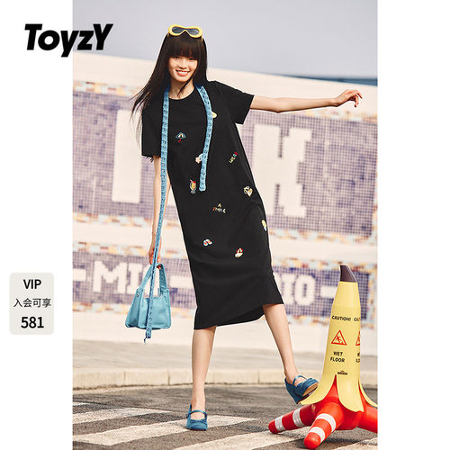 ToyzY趣味手工刺绣短袖T恤连衣裙女夏季长款宽松休闲风ZC35205430