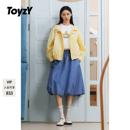ToyzY2026春季新款松紧腰复古蓝条纹半身裙花苞短裙ZC36150030