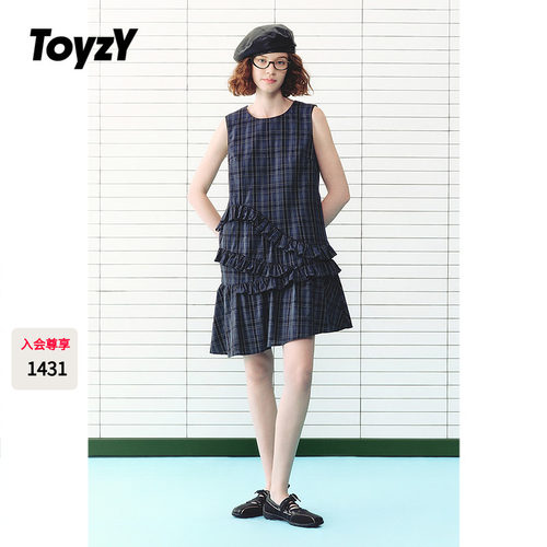 ToyzY不对称荷叶边格纹连衣裙2026夏新款miu系无袖女裙ZC36205530