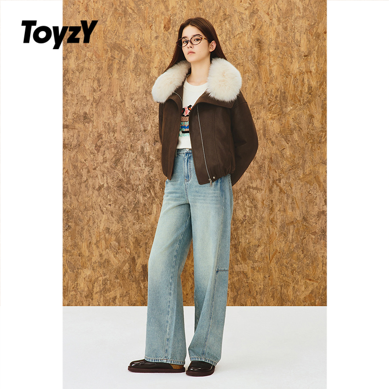 ToyzY狐狸毛领环保仿麂皮羽绒服女短款鸭绒2025冬新品ZC35508180