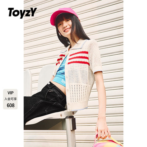 ToyzY多巴胺撞色镂空翻领短袖针织开衫上衣女夏季薄款ZC35206280