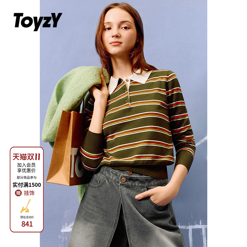 ToyzY 彩色条纹polo衫女羊毛长袖针织上衣2025秋新款ZC35306500