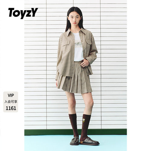 ToyzY2026秋季新款100%纯棉格纹翻领长袖通勤衬衫/半裙ZC36330360