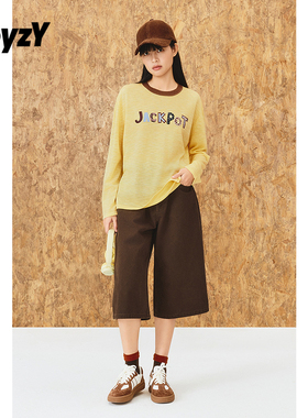ToyzY2025秋季新款鹅黄色字母刺绣长袖T恤针织上衣宽松ZC35306550