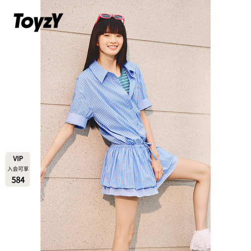 ToyzY条纹衬衫式连衣裙短款夏季miu系拼接格纹花苞短裙ZC35205190