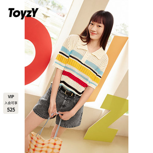 ToyzY彩色条纹polo领钩针镂空短袖针织上衣女夏季薄款ZC35206420