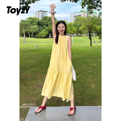 ToyzY2025秋新款鹅黄色无袖连衣裙长款度假风背心裙ZC35305430