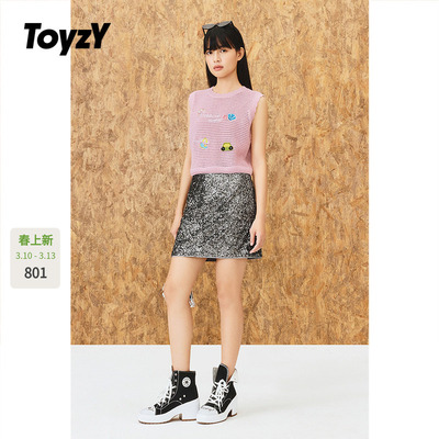 ToyzY2025秋季新款粉色手钩刺绣圆领无袖针织背心女ZC35306130