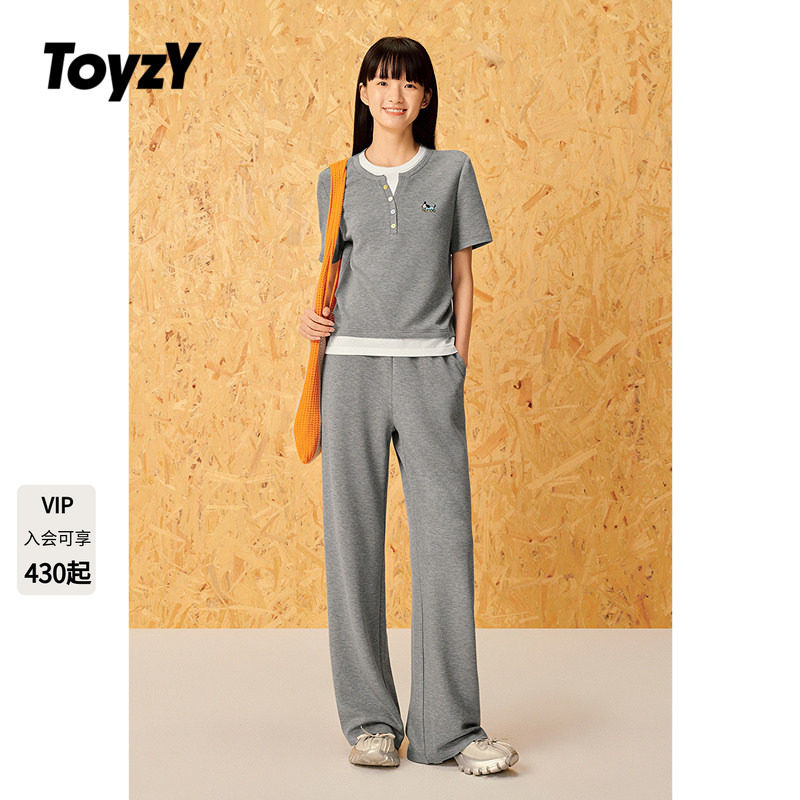 ToyzY2025夏季新款休闲运动风小狗刺绣亨利领短袖T恤上衣女/长裤