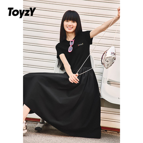 ToyzY2025夏季新款彩色米珠刺绣短袖拼接连衣裙休闲风