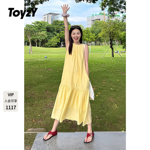 ToyzY鹅黄色无袖连衣裙女夏季长款度假风背心裙ZC35305430
