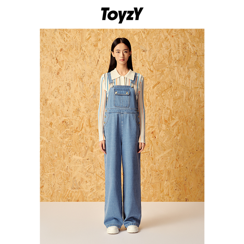 ToyzY2024春夏浅蓝工装风牛仔背带裤女长款宽松阔腿